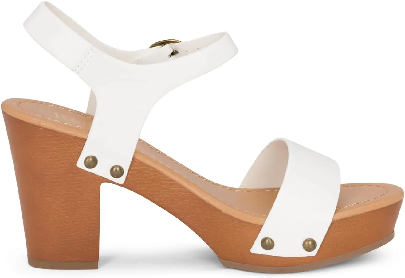 Stage - Womens Wedge Heel Sandals Platform Ankle Buckle Studded Open Toe Faux Wood Sandals