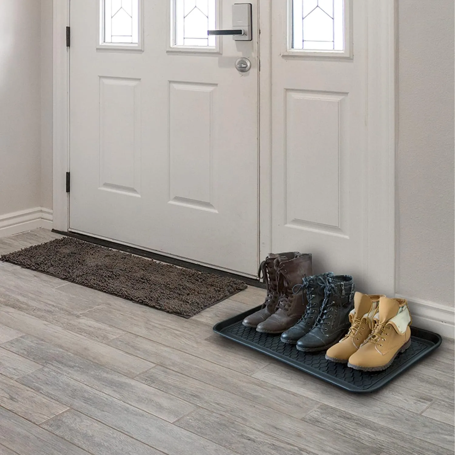 Stalwart Boot Tray, All-Weather Water-Resistant Utility Shoe Mat for Indoor and Outdoor, Entryway Rubber Shoe Tray, Large, Set of 4, Black