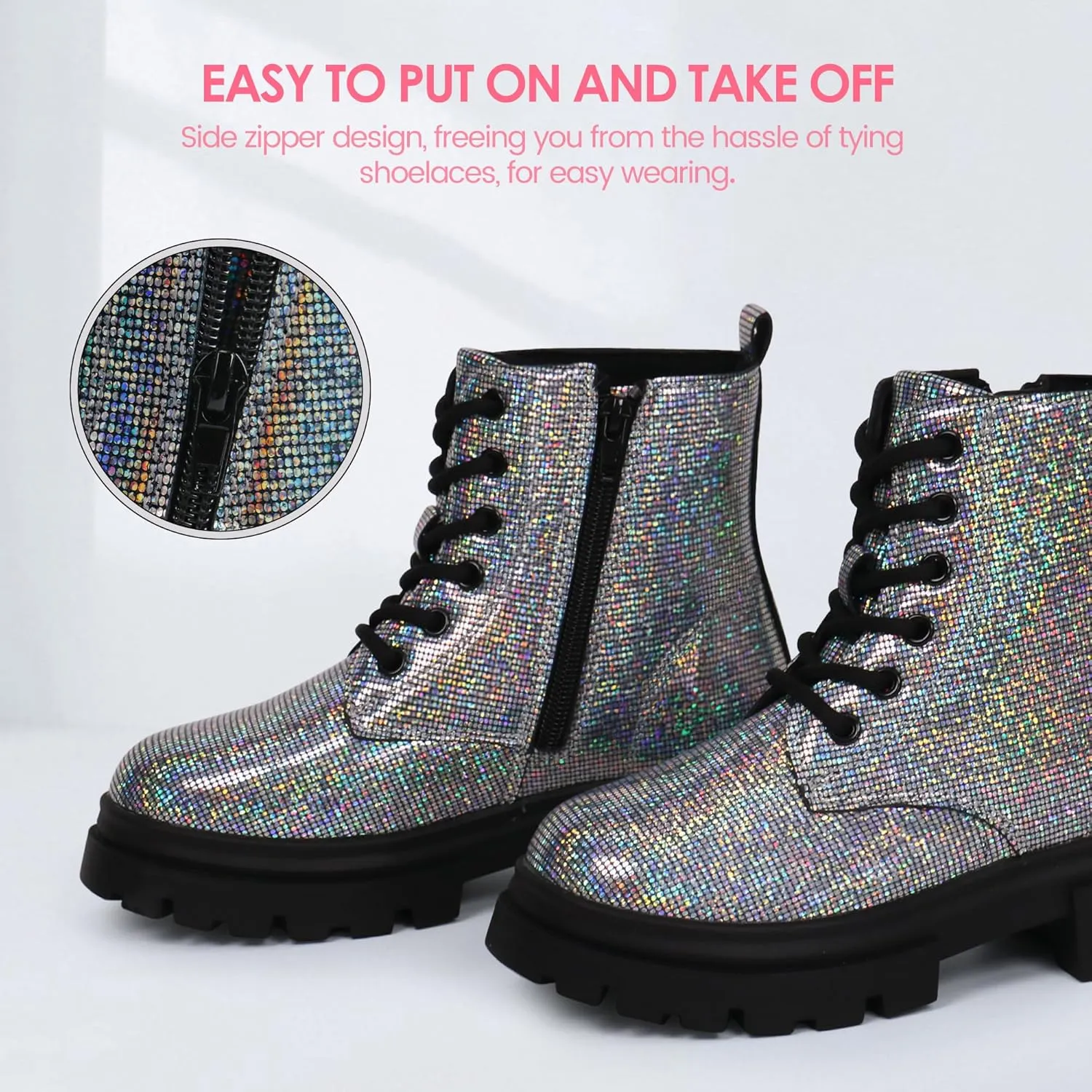 starmerx Girls Ankle Boots Lace Up Combat Boot Side Zipper Comfortable Boys Boots