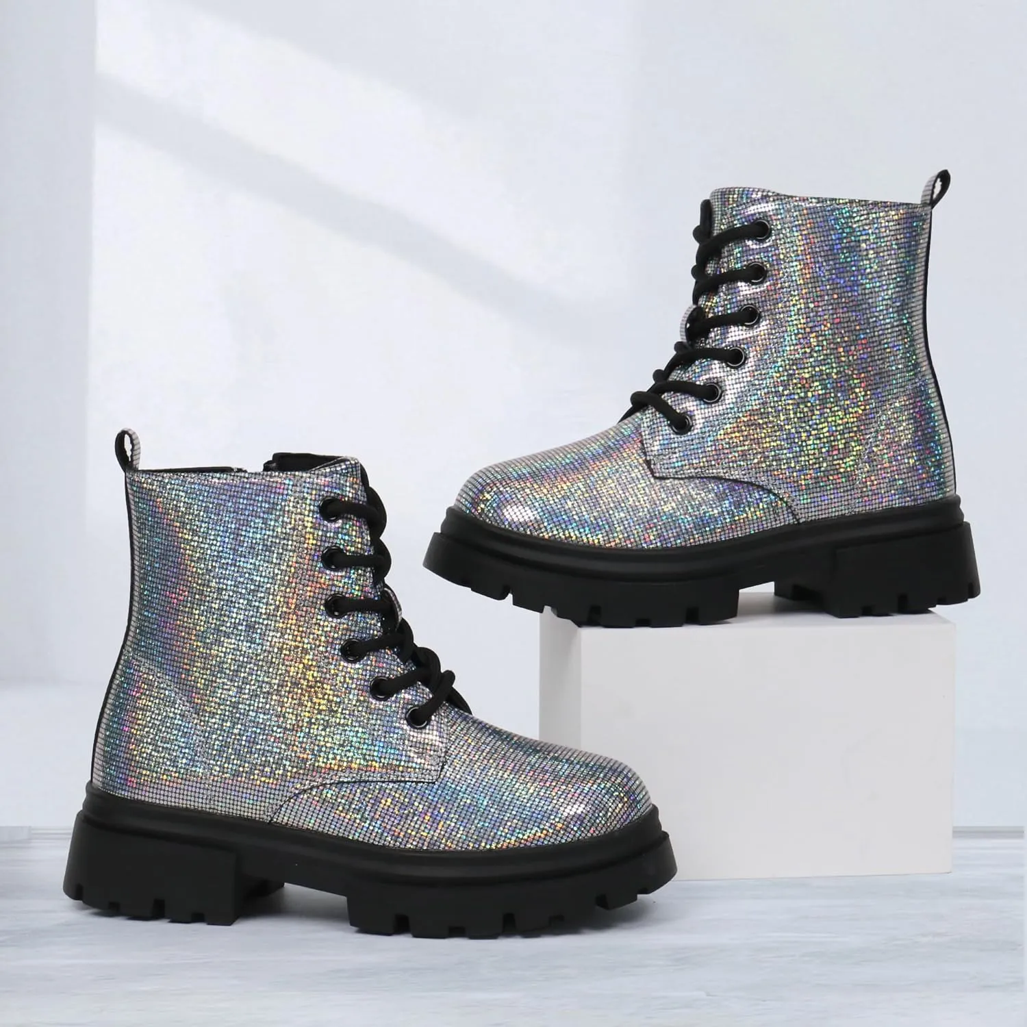 starmerx Girls Ankle Boots Lace Up Combat Boot Side Zipper Comfortable Boys Boots