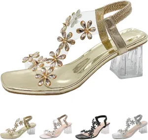 StoneLiquid Women's Flower Rhinestone Block Heel Sandals, Clear Floral Crystal Block Heel Sandals Square Elastic Open Toe High Heels Shoes