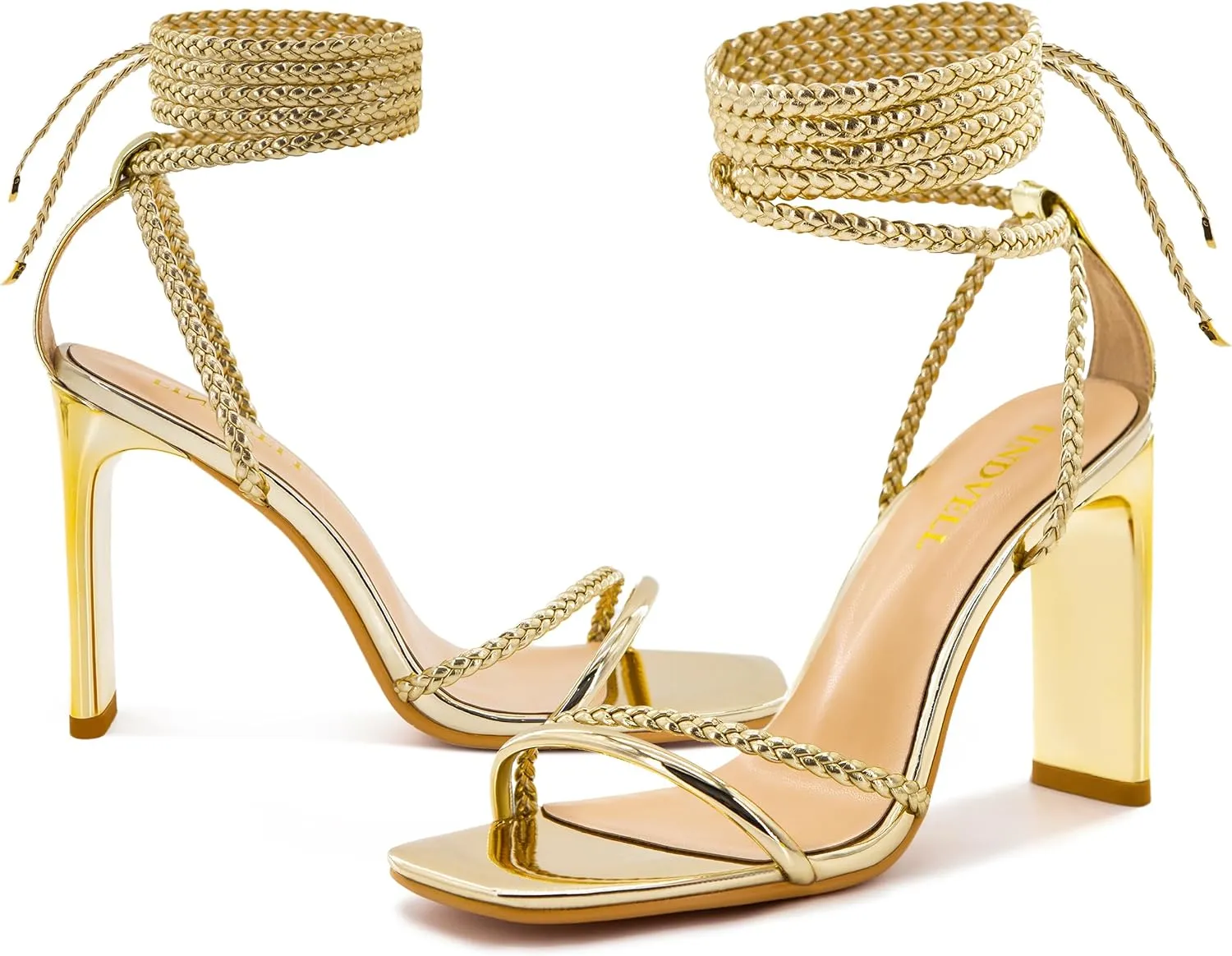 Strappy Heels for Women Lace Up Heels Braided Tie Up High Heels Sandals Square Open Toe Chunky Block Heel Party Dress Shoes