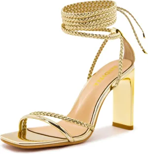 Strappy Heels for Women Lace Up Heels Braided Tie Up High Heels Sandals Square Open Toe Chunky Block Heel Party Dress Shoes