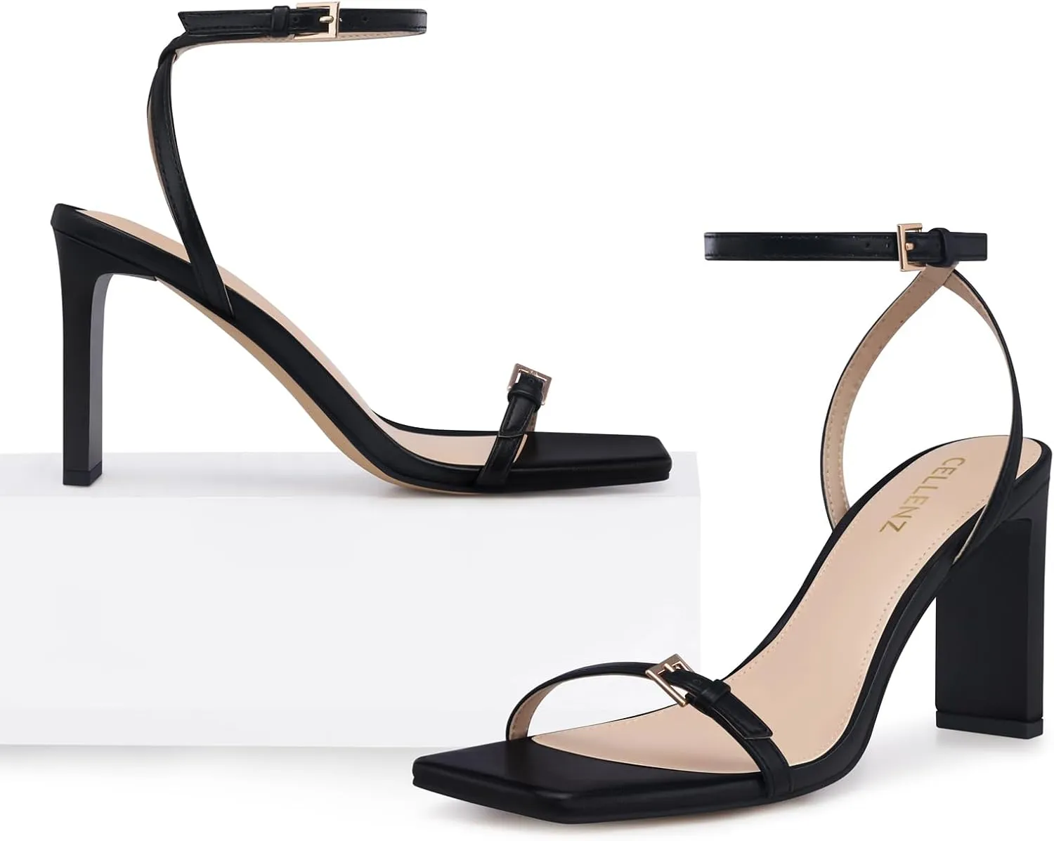 Strappy Women High Heels: 3.4 Inch Sexy Wide Heel Sandals, Square Open Toe Heeled, Comfortable Prom Party Wedding Shoes