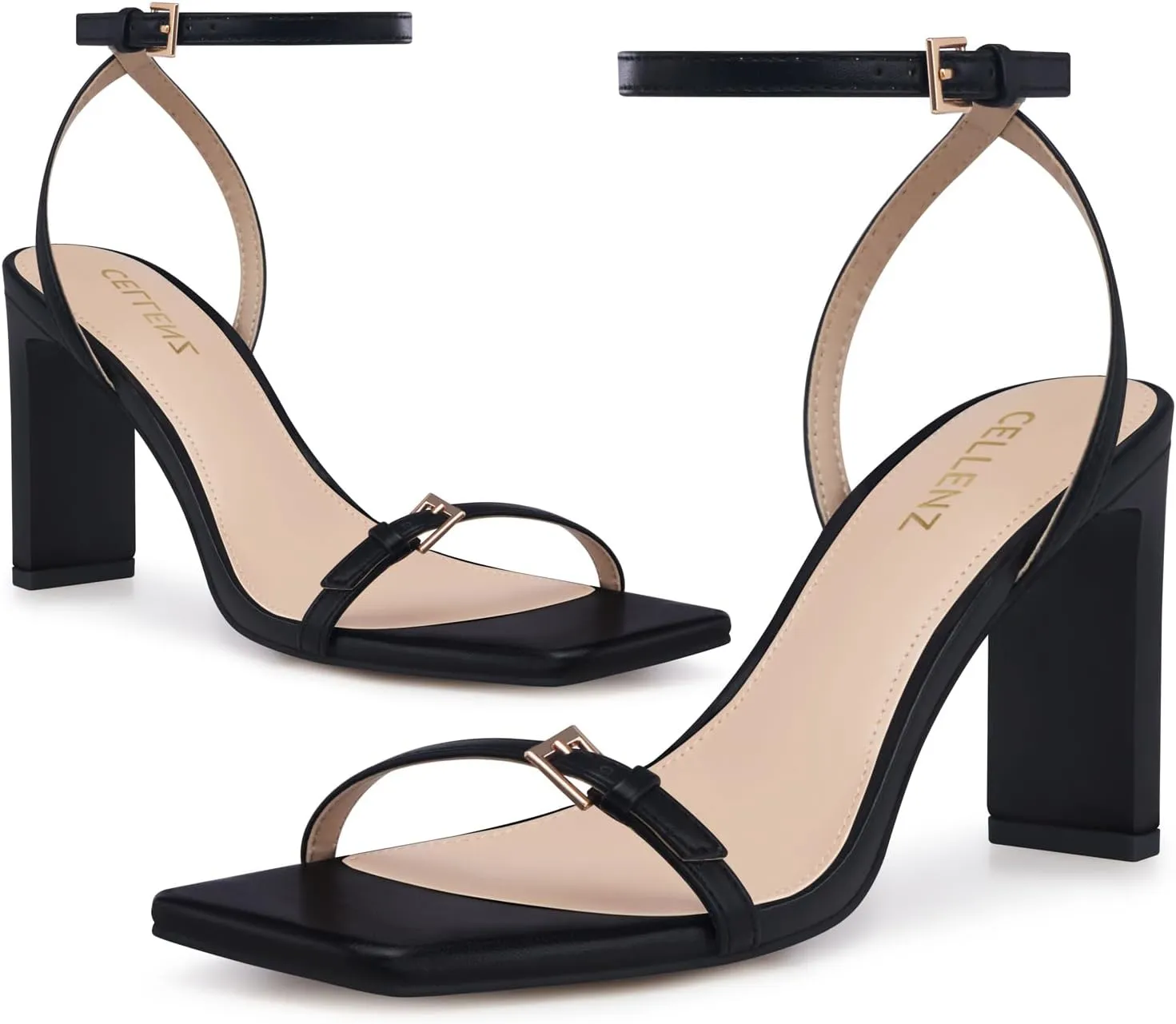 Strappy Women High Heels: 3.4 Inch Sexy Wide Heel Sandals, Square Open Toe Heeled, Comfortable Prom Party Wedding Shoes