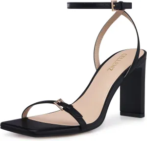 Strappy Women High Heels: 3.4 Inch Sexy Wide Heel Sandals, Square Open Toe Heeled, Comfortable Prom Party Wedding Shoes