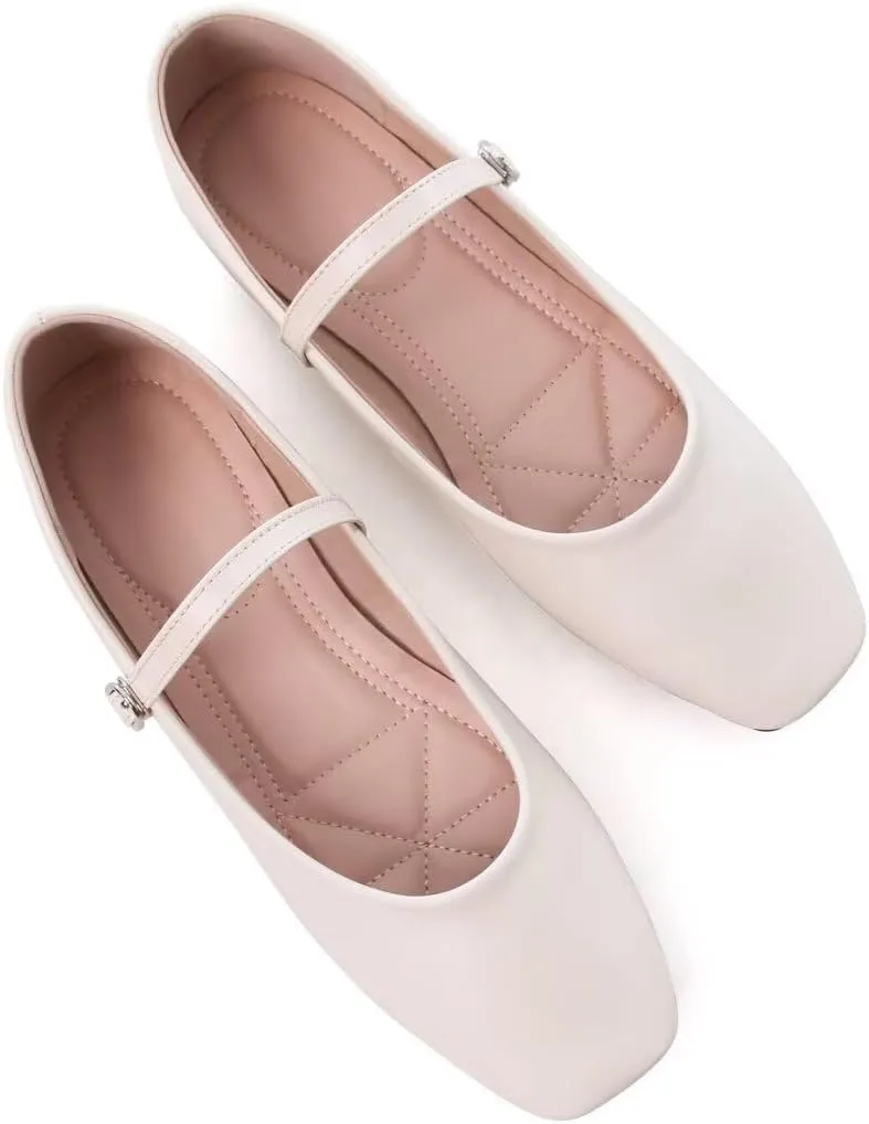 Stunner Mary Jane Square Toe Black Ballet Flats for Women - Comfortable Ankle Strap Casual Slip On Flats