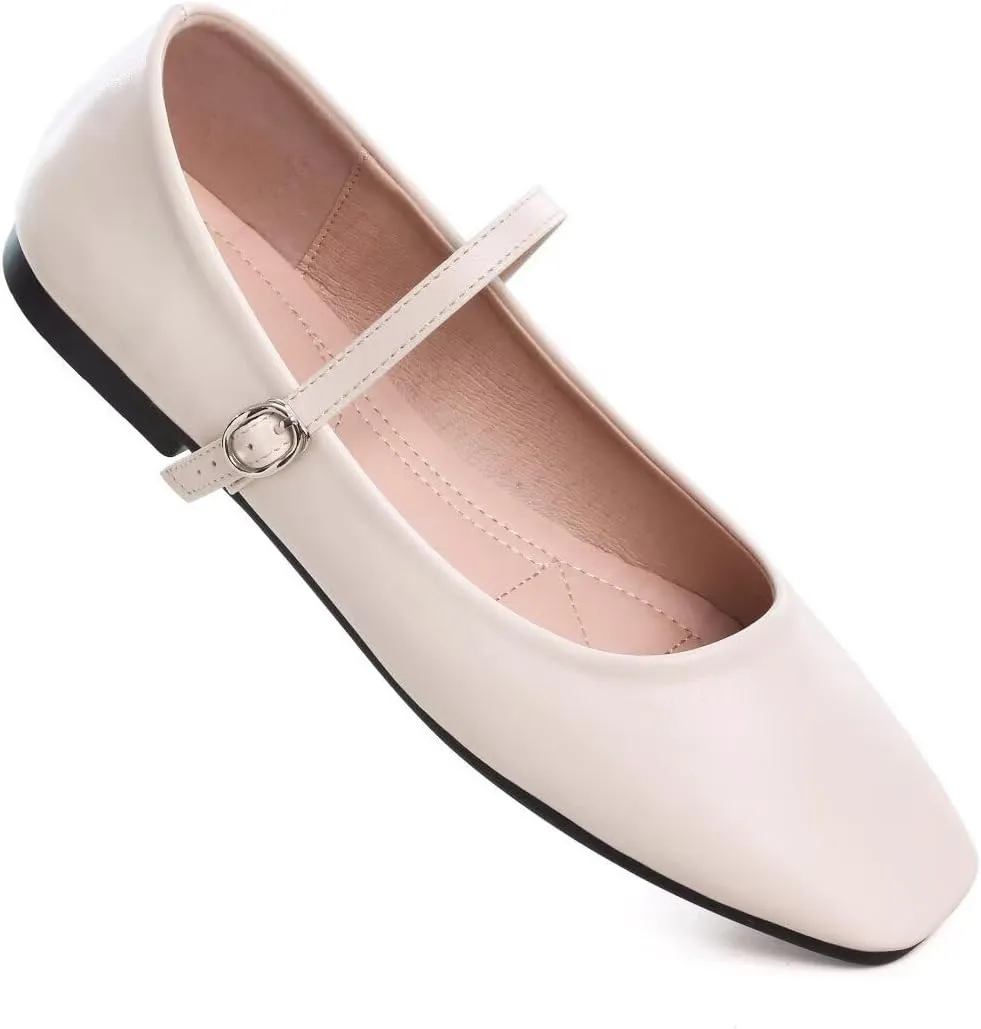 Stunner Mary Jane Square Toe Black Ballet Flats for Women - Comfortable Ankle Strap Casual Slip On Flats