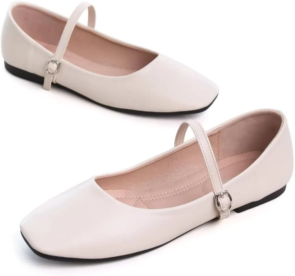 Stunner Mary Jane Square Toe Black Ballet Flats for Women - Comfortable Ankle Strap Casual Slip On Flats
