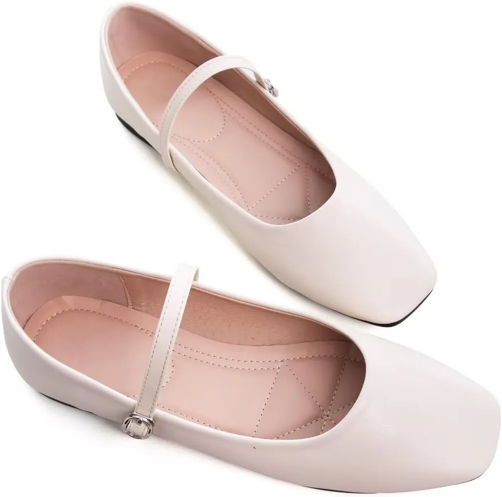 Stunner Mary Jane Square Toe Black Ballet Flats for Women - Comfortable Ankle Strap Casual Slip On Flats