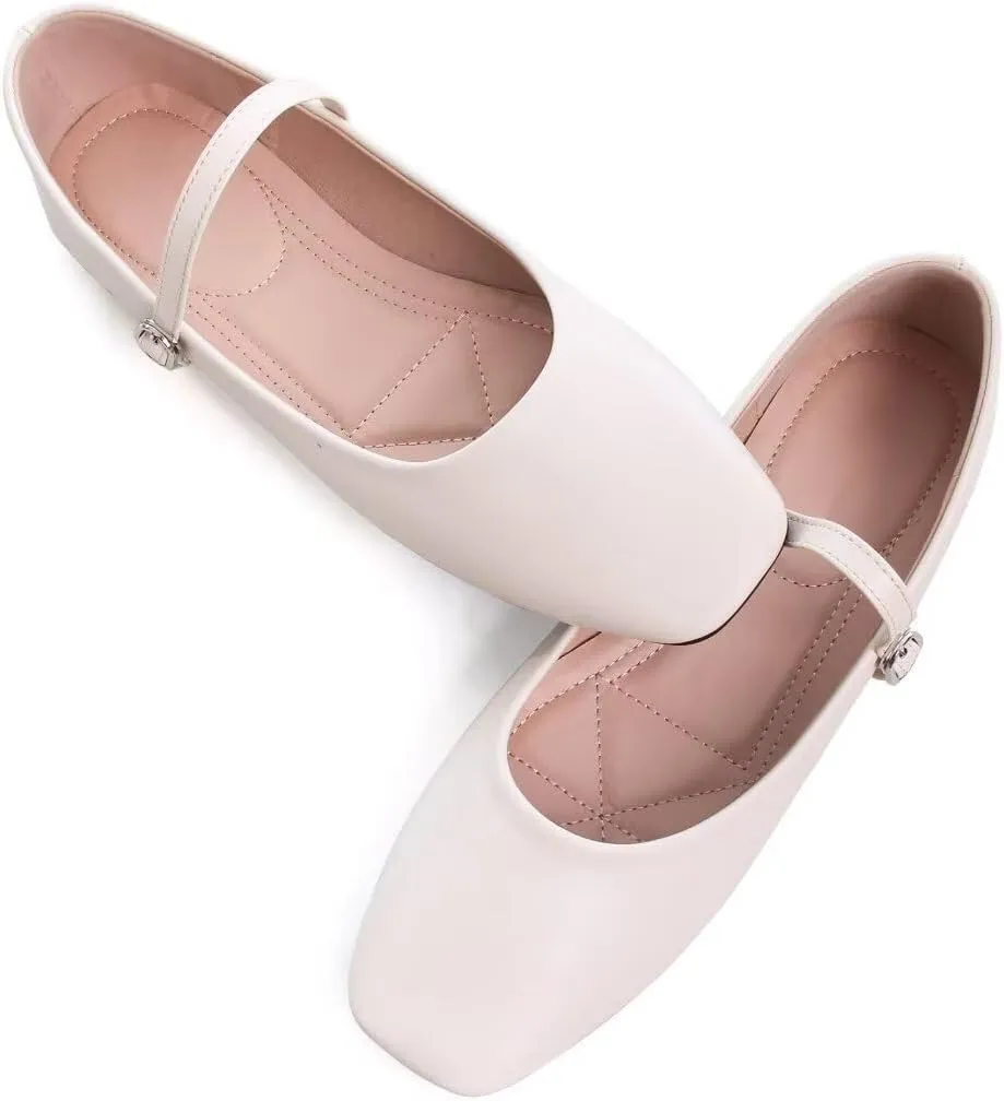 Stunner Mary Jane Square Toe Black Ballet Flats for Women - Comfortable Ankle Strap Casual Slip On Flats