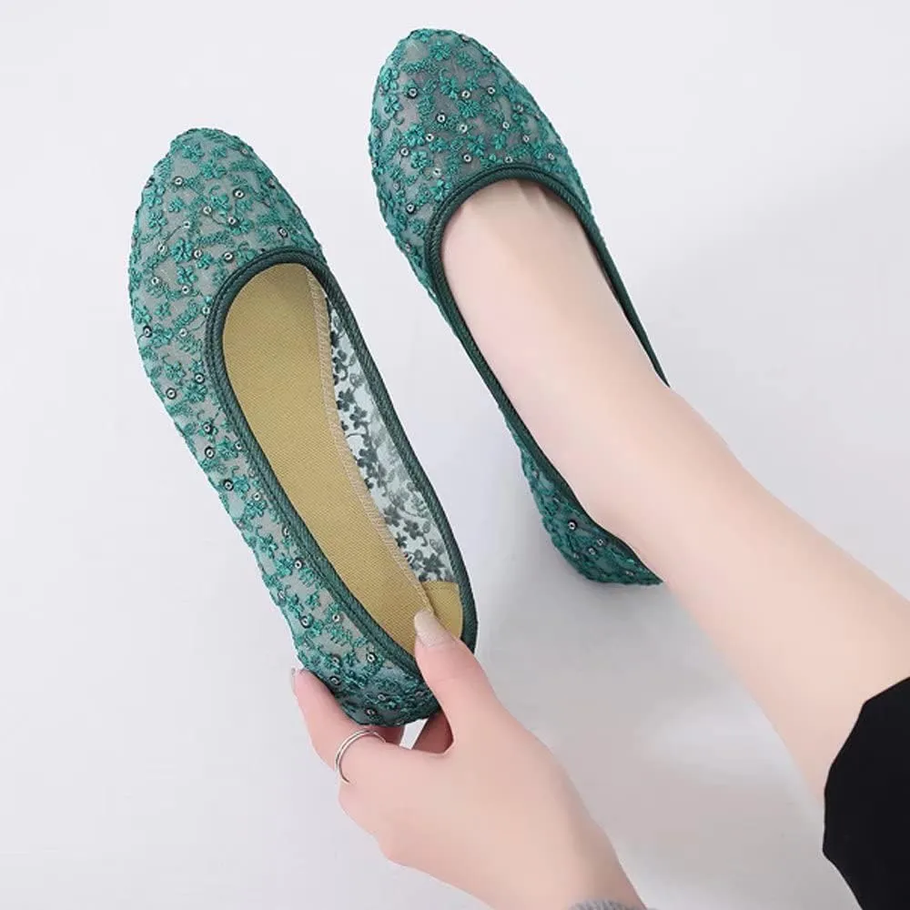 Stunner Womens Sequins Lace Cutout Dress Shoes Soft Ronud Toe Slip On Ballet Flats