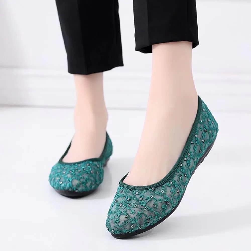Stunner Womens Sequins Lace Cutout Dress Shoes Soft Ronud Toe Slip On Ballet Flats
