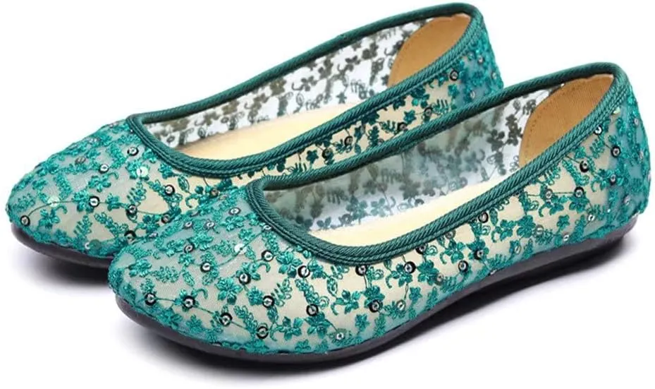 Stunner Womens Sequins Lace Cutout Dress Shoes Soft Ronud Toe Slip On Ballet Flats