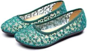 Stunner Womens Sequins Lace Cutout Dress Shoes Soft Ronud Toe Slip On Ballet Flats