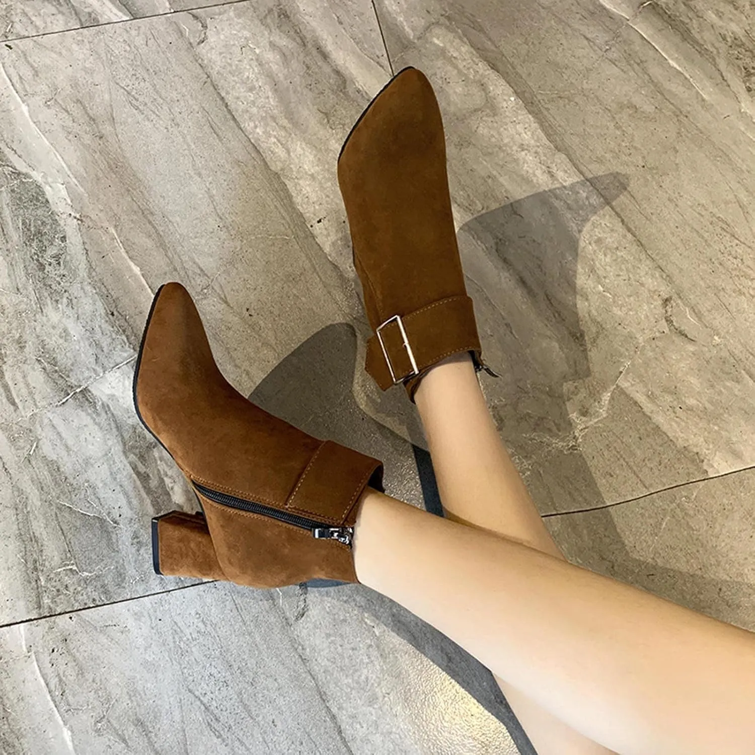 Suede Ankle Boots for Women Chunky Heel Pointed Toe Belt Buckle Side Zipper Block High Heels Booties Fall Winter Dressy Casual Comfy Ladies Shoes