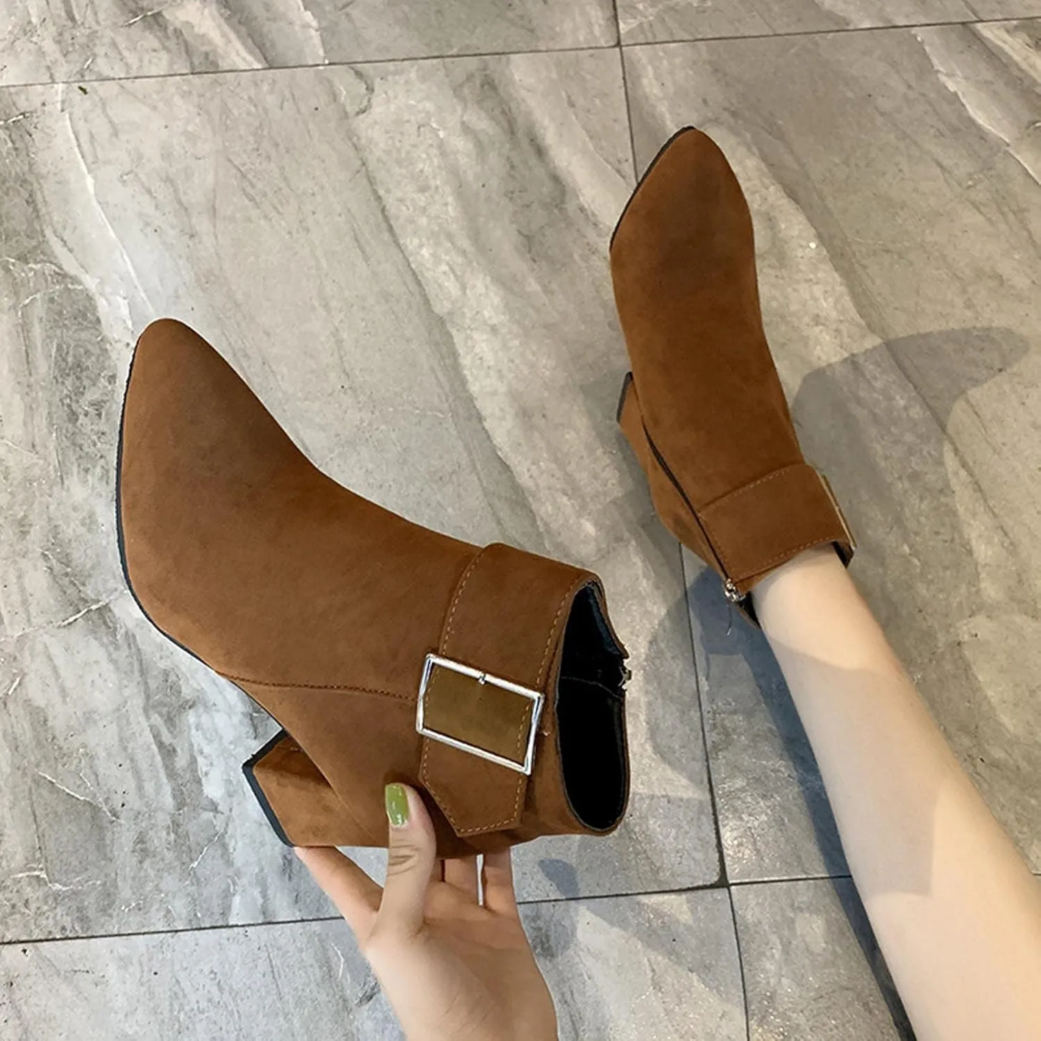Suede Ankle Boots for Women Chunky Heel Pointed Toe Belt Buckle Side Zipper Block High Heels Booties Fall Winter Dressy Casual Comfy Ladies Shoes