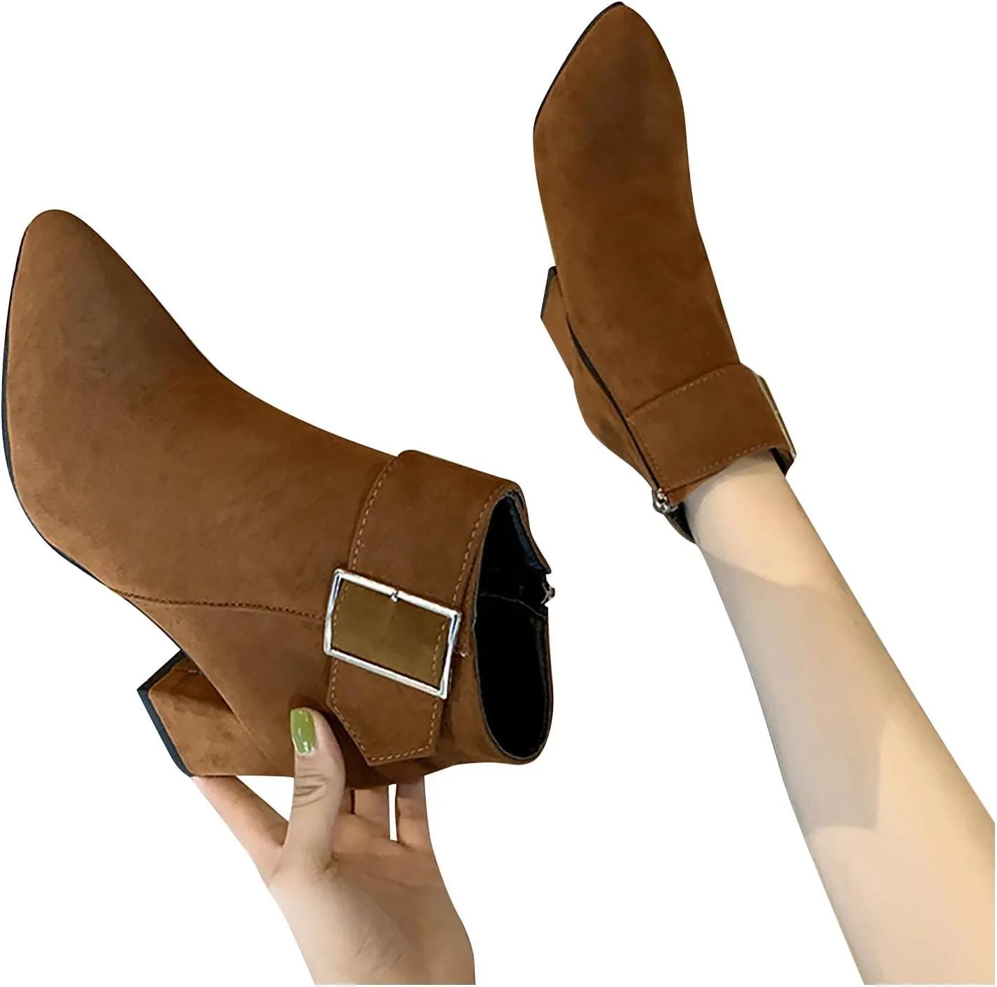 Suede Ankle Boots for Women Chunky Heel Pointed Toe Belt Buckle Side Zipper Block High Heels Booties Fall Winter Dressy Casual Comfy Ladies Shoes