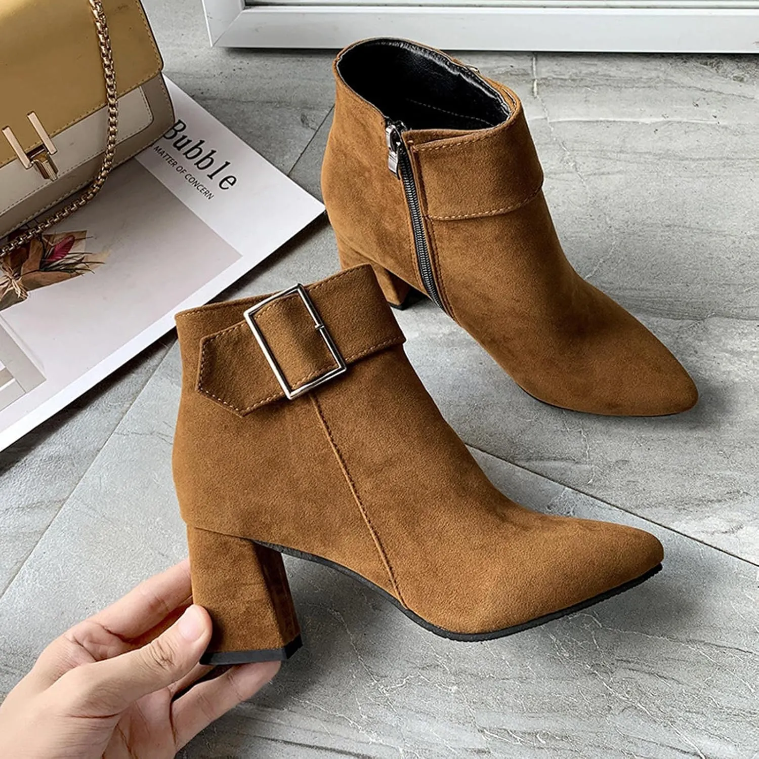 Suede Ankle Boots for Women Chunky Heel Pointed Toe Belt Buckle Side Zipper Block High Heels Booties Fall Winter Dressy Casual Comfy Ladies Shoes