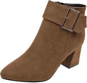 Suede Ankle Boots for Women Chunky Heel Pointed Toe Belt Buckle Side Zipper Block High Heels Booties Fall Winter Dressy Casual Comfy Ladies Shoes