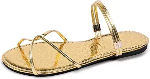 Sunporx Women's Gold Strappy Sandals Casual Flat Open toe Sandal Slip on Slides with Cross Strap