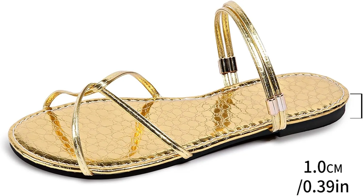 Sunporx Women's Gold Strappy Sandals Casual Flat Open toe Sandal Slip on Slides with Cross Strap