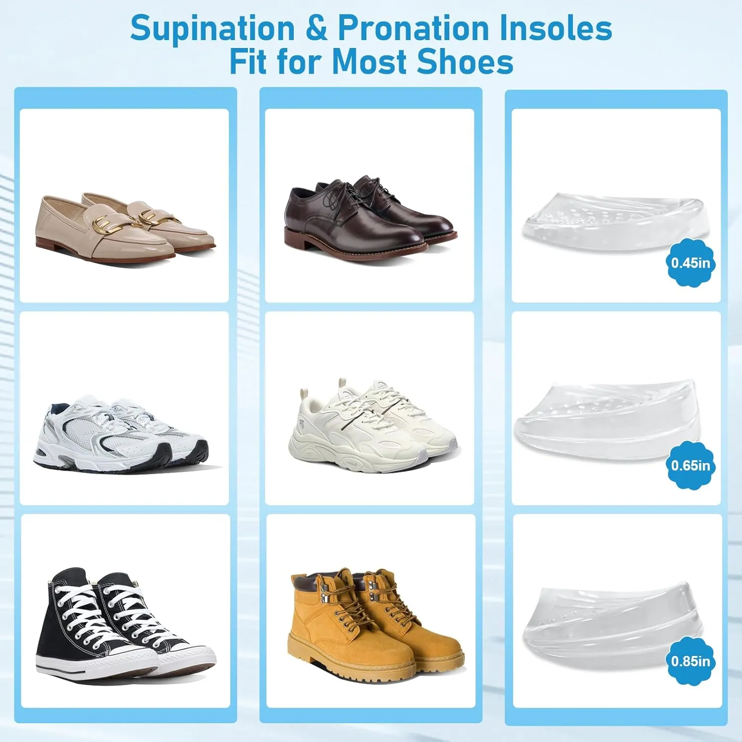 Supination & Pronation Correction Insoles, 3 Layers Adjustable Heel Wedge Inserts, Orthotics Medial & Lateral Heel Insoles for Bow Legs, Knee Pain, Foot Alignment (Clear, Women 8-12/Men: 7.5-13)