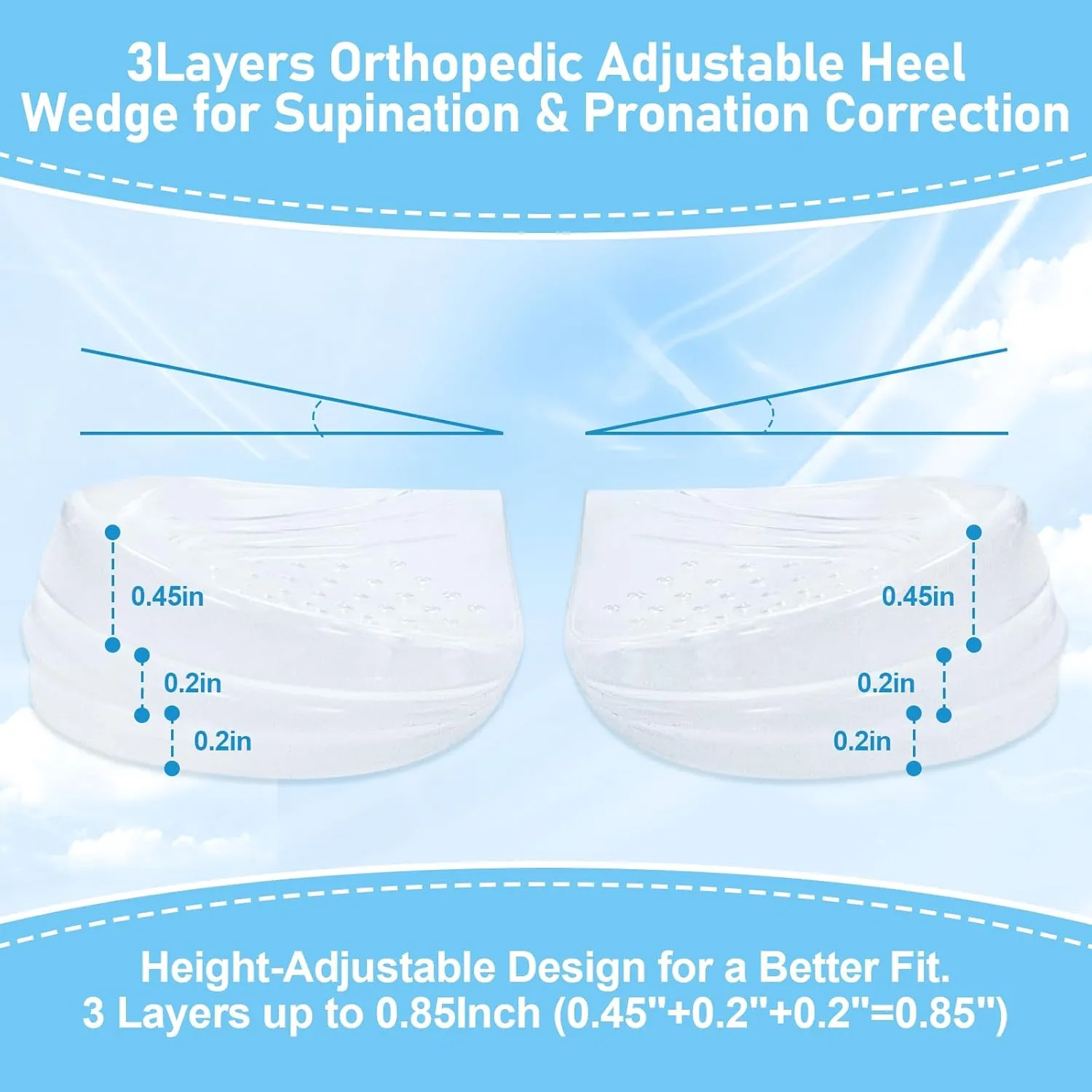 Supination & Pronation Correction Insoles, 3 Layers Adjustable Heel Wedge Inserts, Orthotics Medial & Lateral Heel Insoles for Bow Legs, Knee Pain, Foot Alignment (Clear, Women 8-12/Men: 7.5-13)
