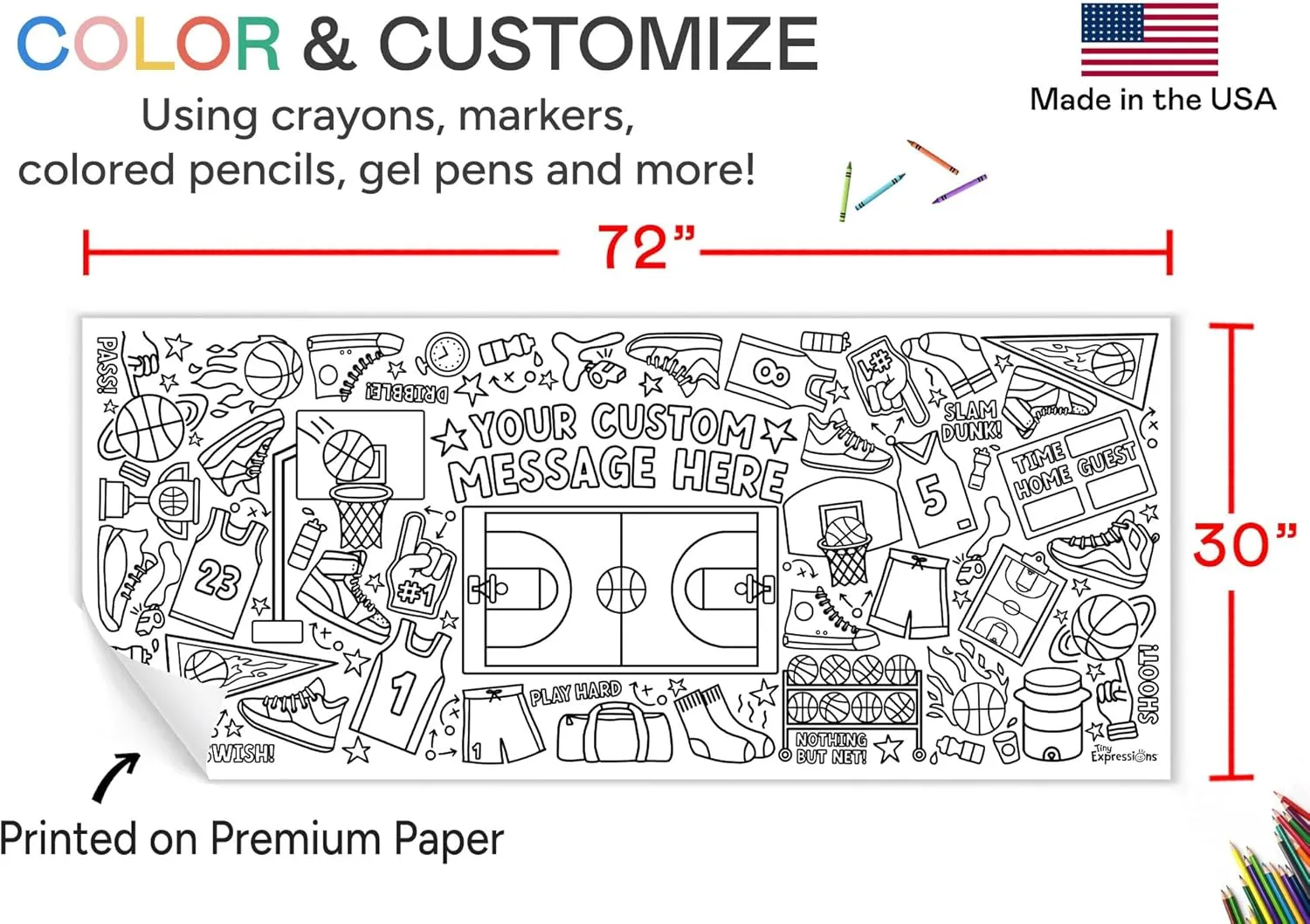 Tiny Expressions Personalized Basketball Birthday Coloring Tablecloth – Rolled, No Creases 30" x 72" Giant Coloring Poster for Kids, Customizable with Child’s Name for Basketball-Themed Parties