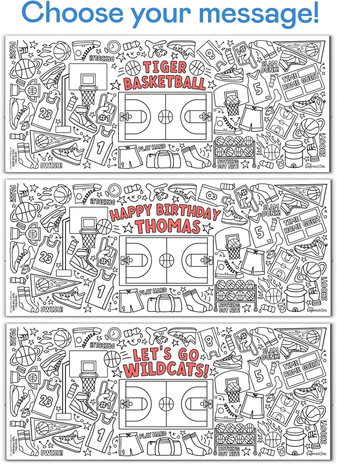 Tiny Expressions Personalized Basketball Birthday Coloring Tablecloth – Rolled, No Creases 30" x 72" Giant Coloring Poster for Kids, Customizable with Child’s Name for Basketball-Themed Parties