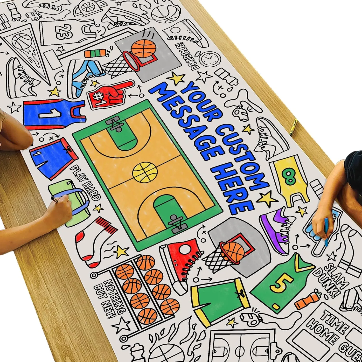 Tiny Expressions Personalized Basketball Birthday Coloring Tablecloth – Rolled, No Creases 30" x 72" Giant Coloring Poster for Kids, Customizable with Child’s Name for Basketball-Themed Parties