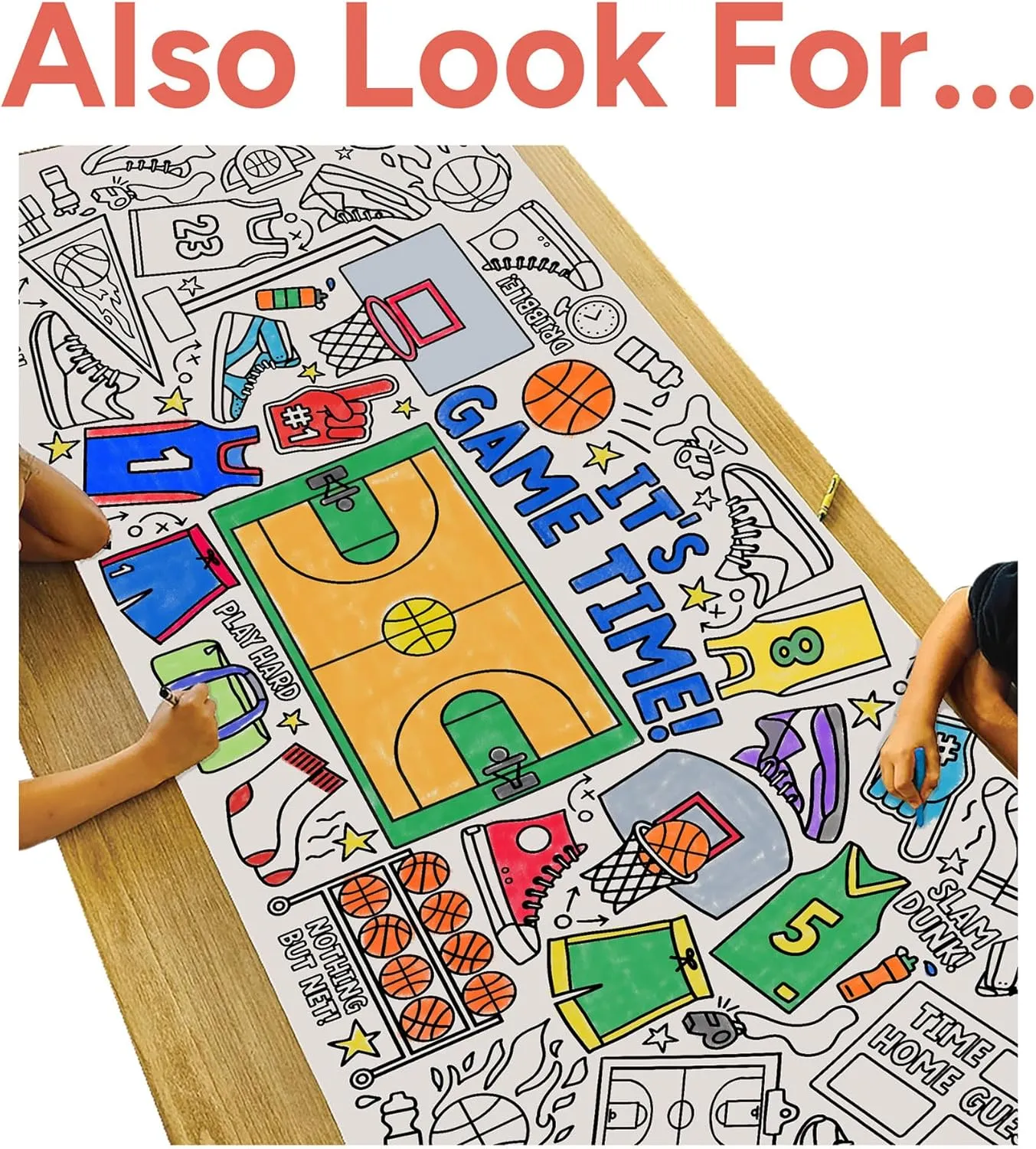 Tiny Expressions Personalized Basketball Birthday Coloring Tablecloth – Rolled, No Creases 30" x 72" Giant Coloring Poster for Kids, Customizable with Child’s Name for Basketball-Themed Parties