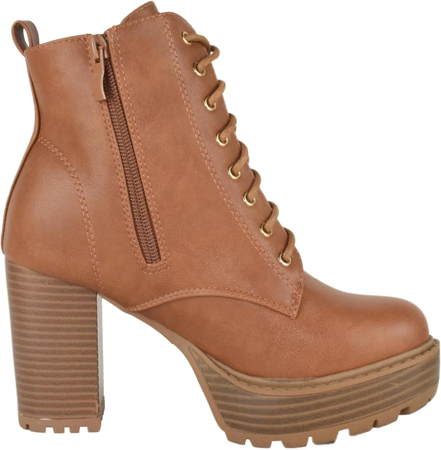 TOP Moda Women High Heel Combat Army Style Boots Lace Up Side Zipper Lug Platform Sole Booties