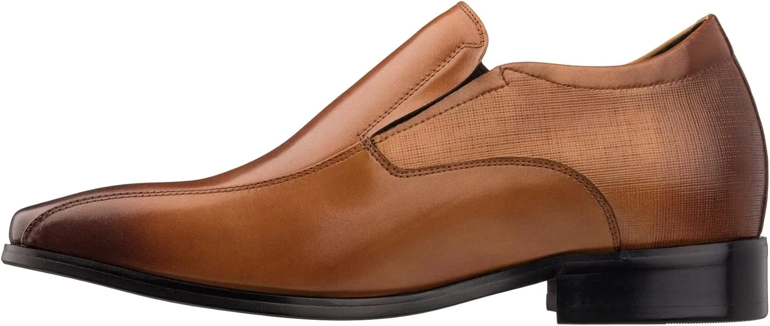 TOTO Men's Invisible Height Increasing Elevator Shoes - Brown Leather Slip-on Formal Dress Loafers- 2.2 Inches Taller - Y6362 - Size 6.5 D(M) US