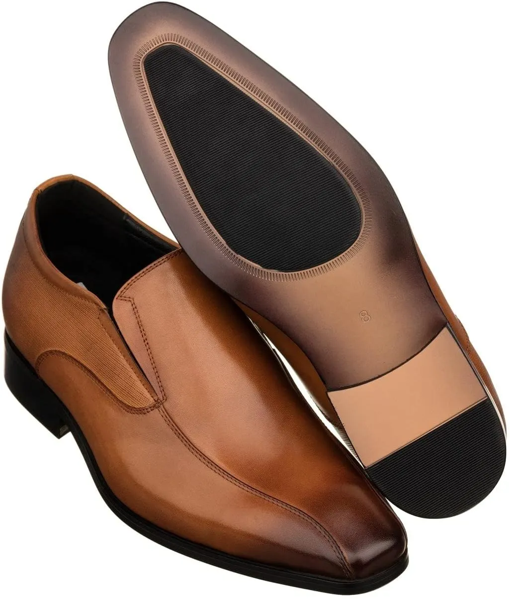 TOTO Men's Invisible Height Increasing Elevator Shoes - Brown Leather Slip-on Formal Dress Loafers- 2.2 Inches Taller - Y6362 - Size 6.5 D(M) US