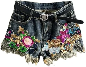 Trend Sequin Floral Burrs Hole Denim Shorts Women's Vintage High Waist Wide Leg Short