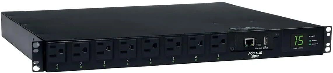 Tripp Lite 1.4kW Single-Phase ATS / Switched PDU with LX Platform Interface, 120V outlets (8 5-15R), 2 5-15P 120V 12ft Inputs, 1U Rack-Mount, TAA, 2 Year Warranty (PDUMH15ATNET ) Black