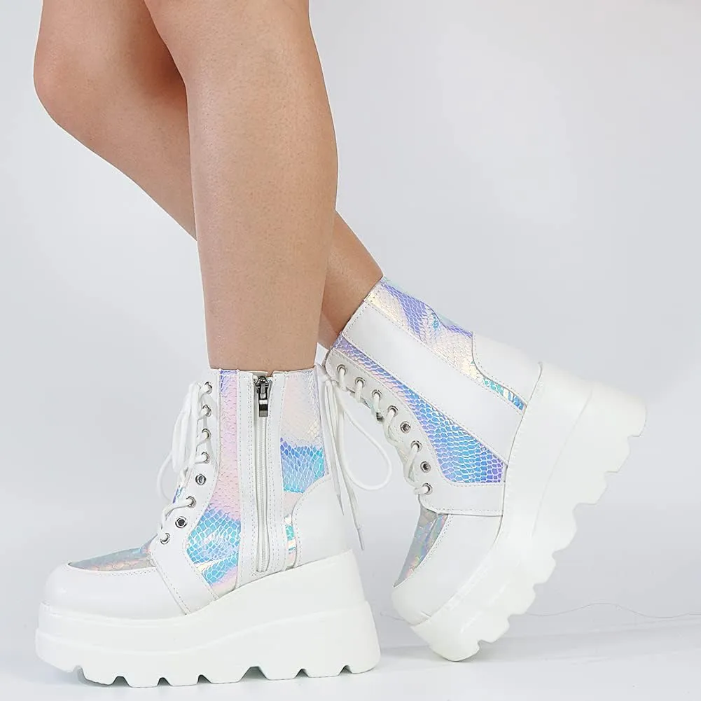 Tscoyuki Platform Ankle Boots for Women Chunky High Heel Booties Goth Round Toe Combat Boots Women Lace Up Motorcycle Wedges