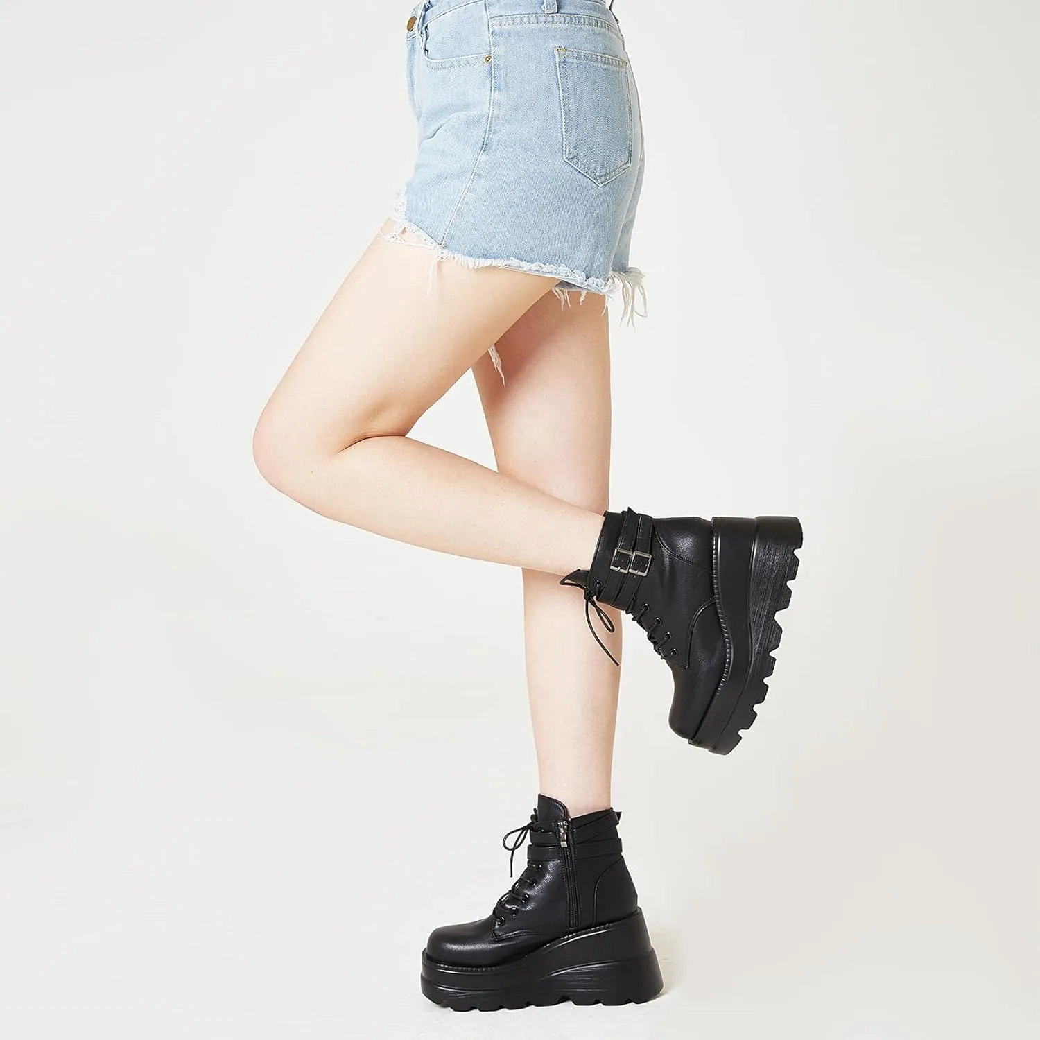 Tscoyuki Platform Ankle Boots for Women Chunky High Heel Booties Goth Round Toe Combat Boots Women Lace Up Motorcycle Wedges