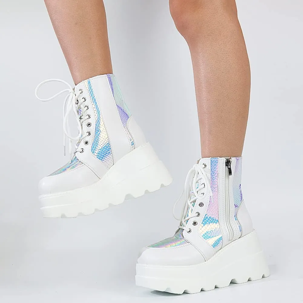 Tscoyuki Platform Ankle Boots for Women Chunky High Heel Booties Goth Round Toe Combat Boots Women Lace Up Motorcycle Wedges