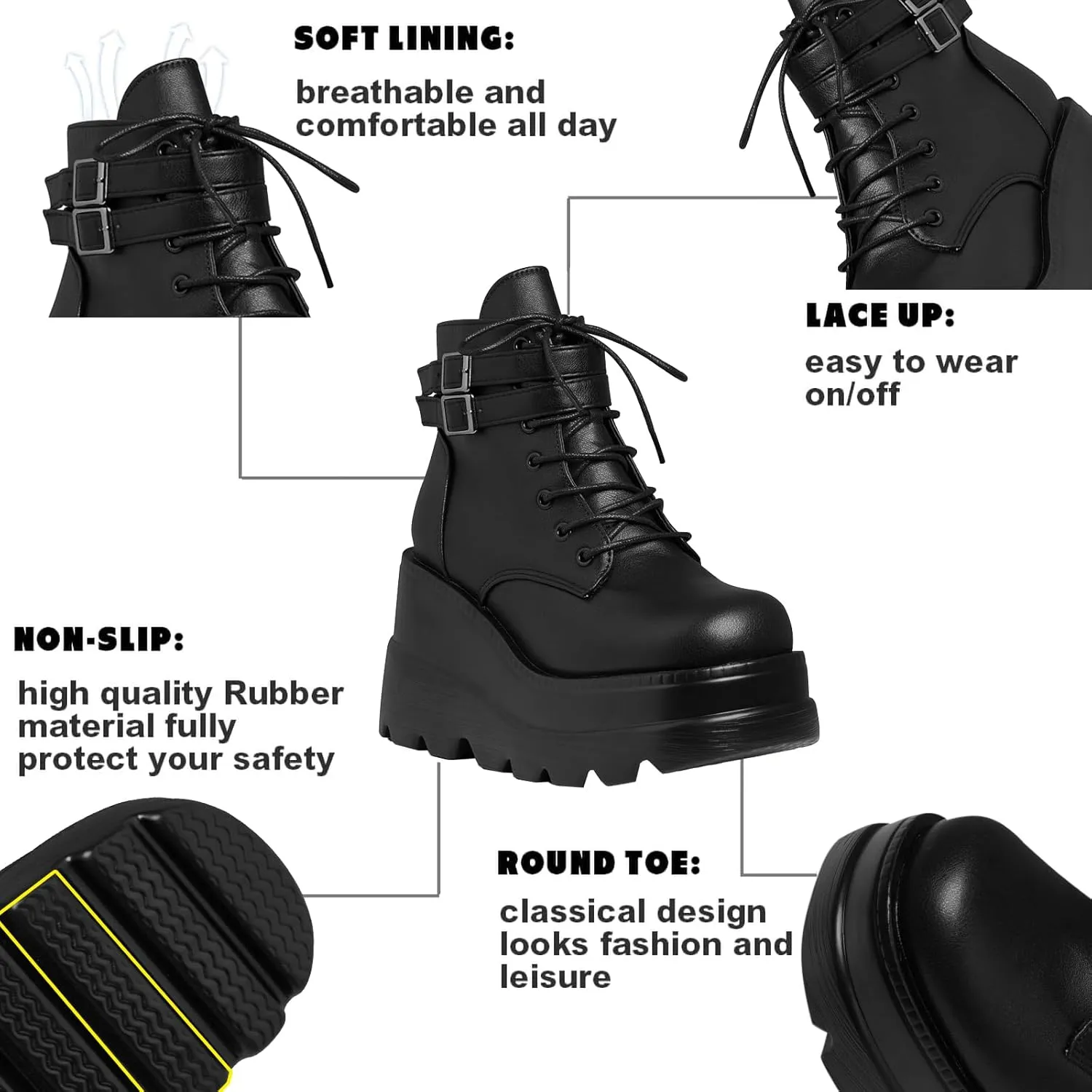 Tscoyuki Platform Ankle Boots for Women Chunky High Heel Booties Goth Round Toe Combat Boots Women Lace Up Motorcycle Wedges