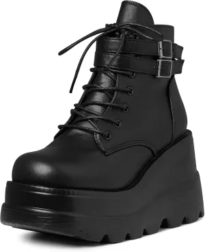 Tscoyuki Platform Ankle Boots for Women Chunky High Heel Booties Goth Round Toe Combat Boots Women Lace Up Motorcycle Wedges