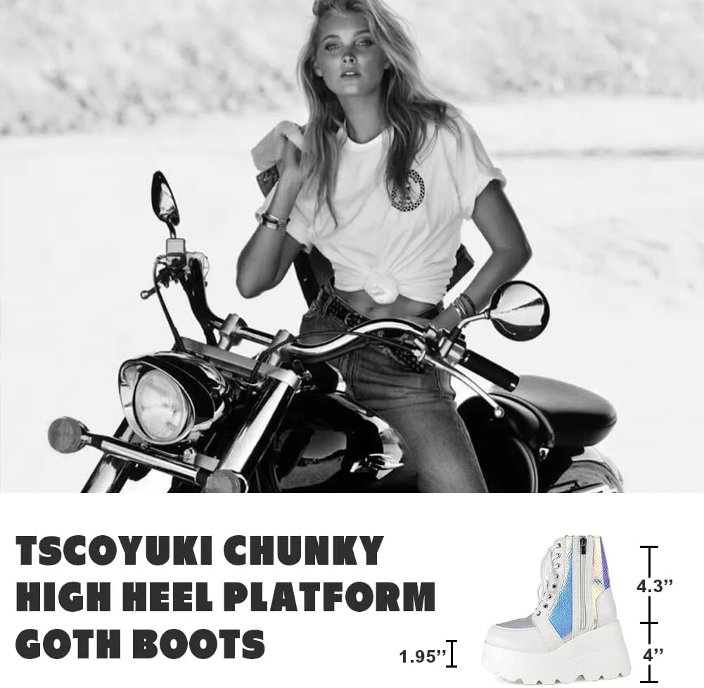 Tscoyuki Platform Ankle Boots for Women Chunky High Heel Booties Goth Round Toe Combat Boots Women Lace Up Motorcycle Wedges