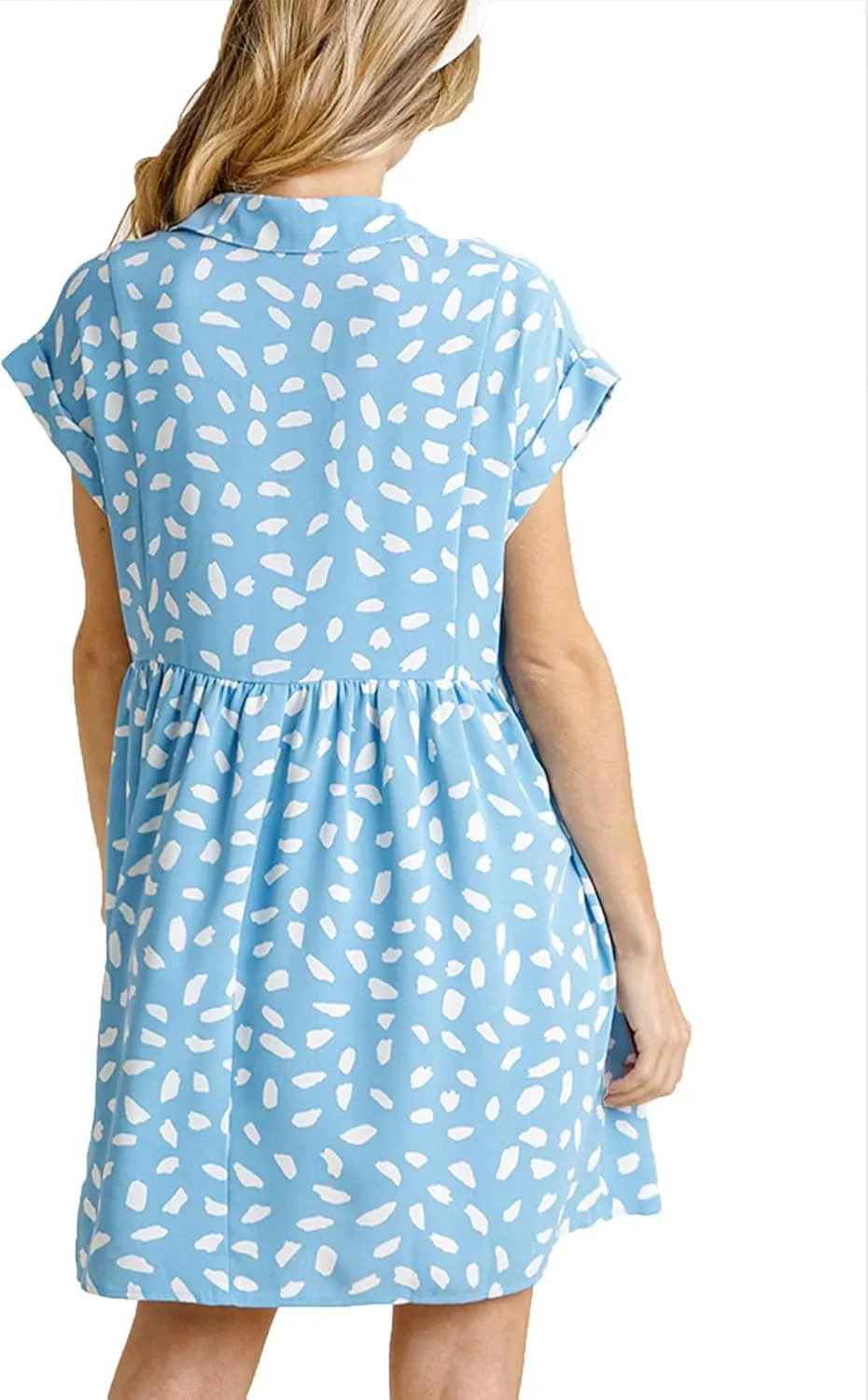 Umgee Womens Dalmatian Print Short Folded Sleeve V-Neck Collared Babydoll Dress