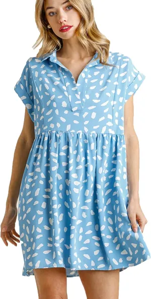 Umgee Womens Dalmatian Print Short Folded Sleeve V-Neck Collared Babydoll Dress