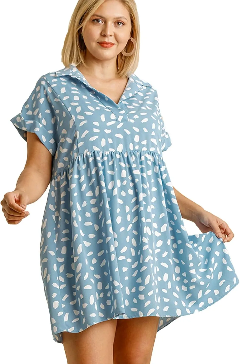 Umgee Womens Dalmatian Print Short Folded Sleeve V-Neck Collared Babydoll Dress