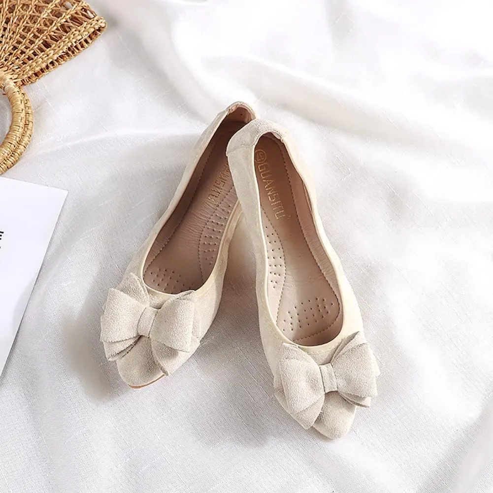 Unifizz Women’s Foldable Ballet Flats Casual Pointed Toe Comfort Soft Suede Slip On Dress Shoes Nude Flats Roll Up Shoes