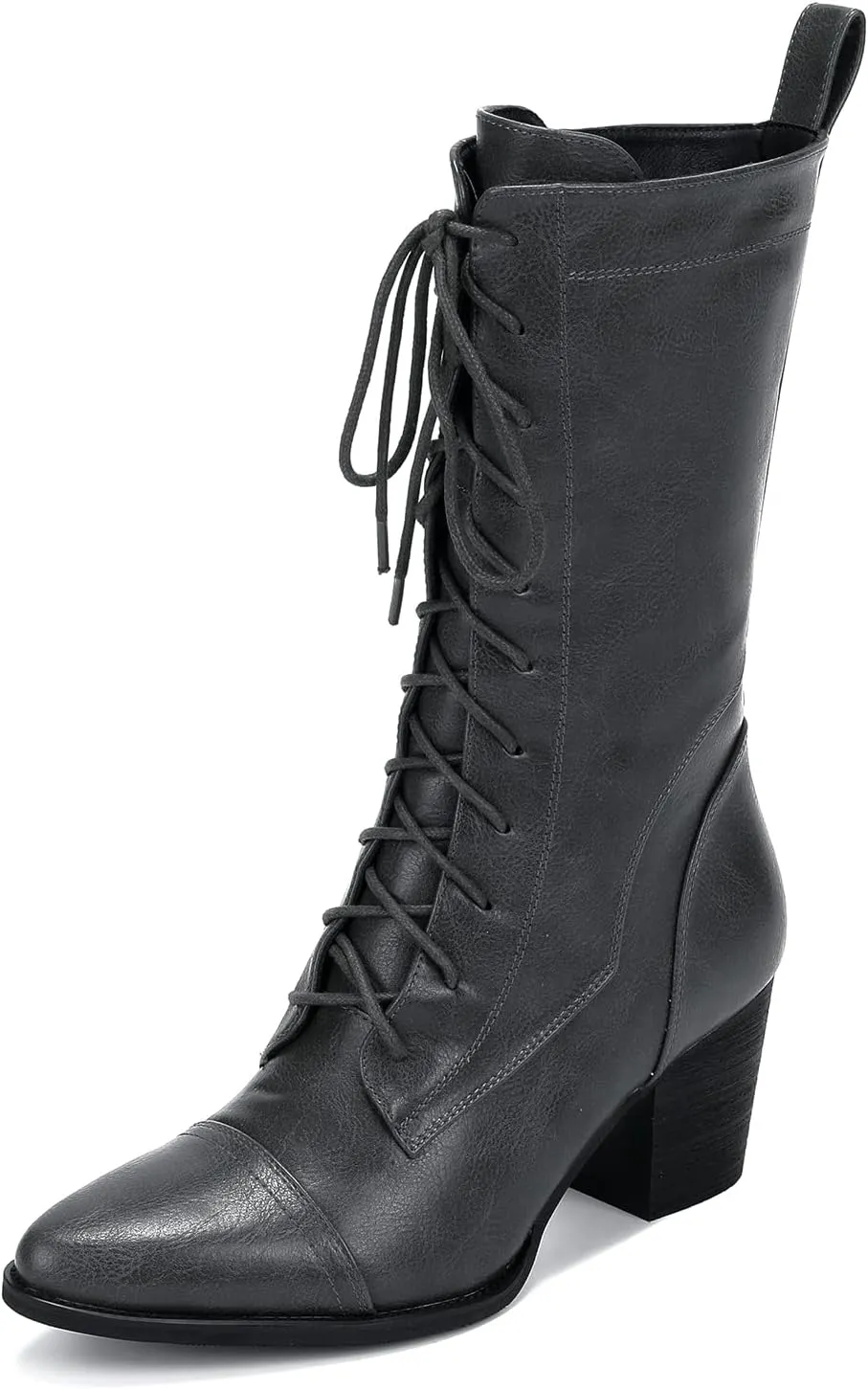 UTIKLIOU Women's Mid Calf Boots Lace up Combat Boots Leather Side Zipper Winter Boots Faux Fur Lining