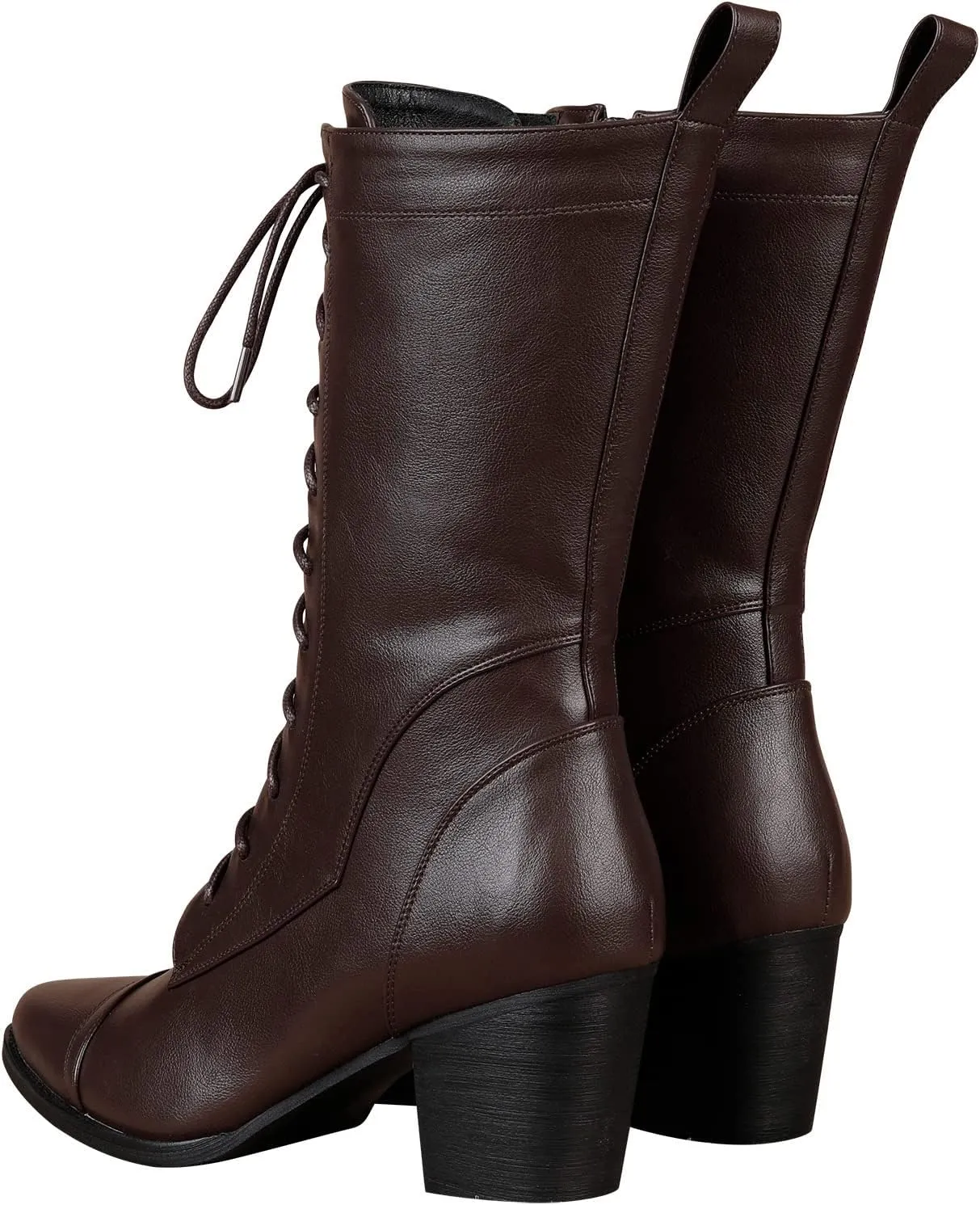 UTIKLIOU Women's Mid Calf Boots Lace up Combat Boots Leather Side Zipper Winter Boots Faux Fur Lining