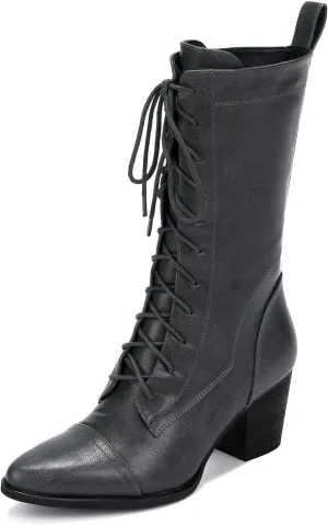 UTIKLIOU Women's Mid Calf Boots Lace up Combat Boots Leather Side Zipper Winter Boots Faux Fur Lining
